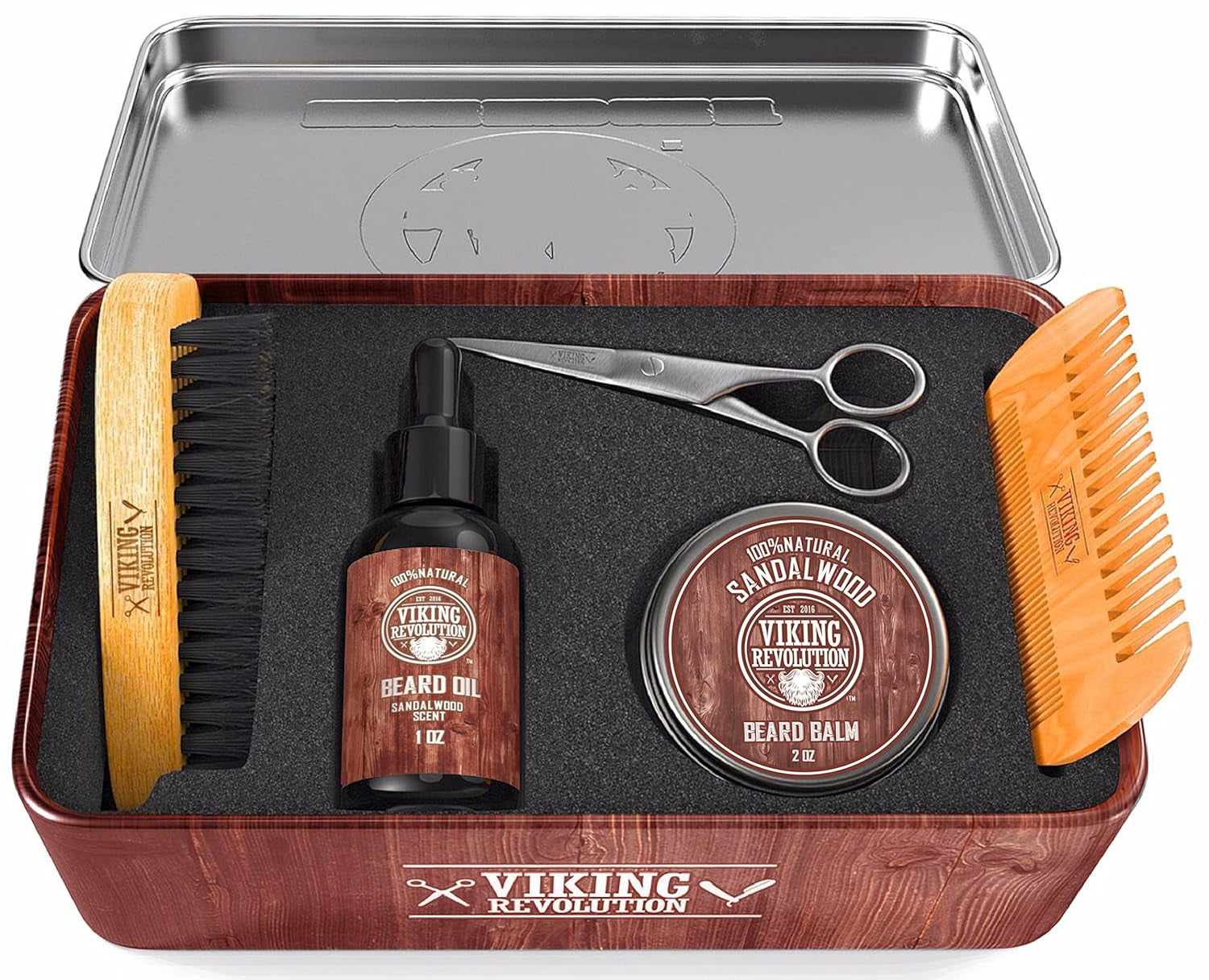 Viking Revolution Ultimate Grooming Kit for Men - Boar Brush, Wood Comb, Sandalwood Balm & Oil, Scissors for Beard & Mustache