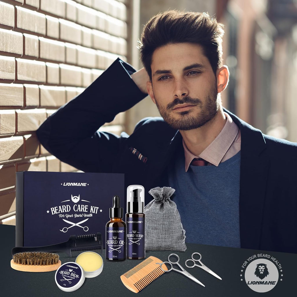 Valentine'S Day Beard Care Gifts Kit for Men, Beard Mustache Grooming Kit -Beard Balm, Beard Wash, Beard Oil, Brush, Scissors, Birthday Anniversary Daily Gifts for Husband/Boyfriend/Dad/Him