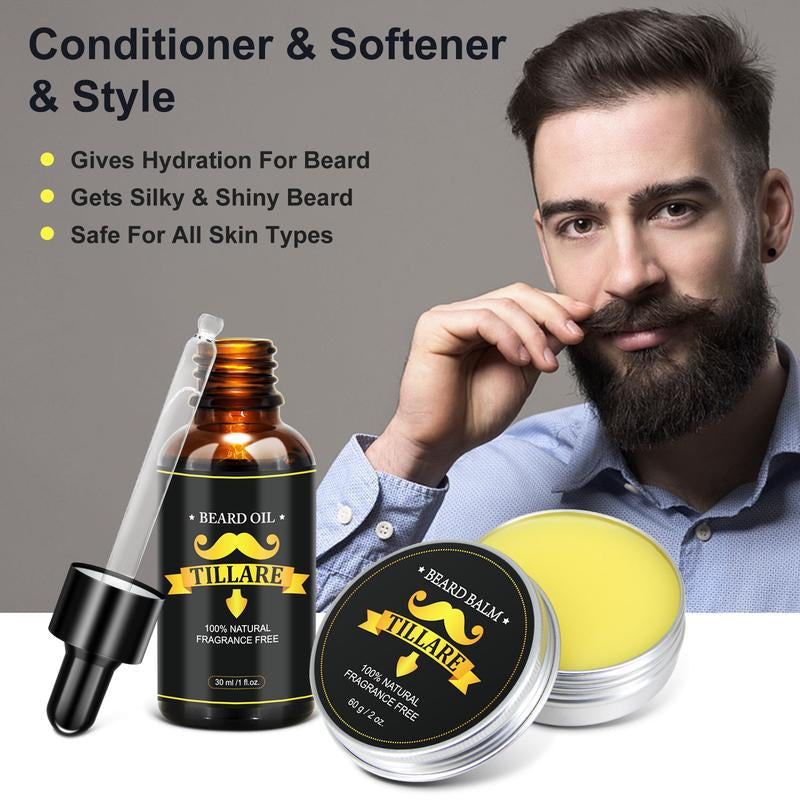 Beard Growth Kit - TILLARE Beard Grooming Kit with Beard Growth Oil, Balm, Comb, Massager, Christmas & Birthday Gifts for Men Husband Dad Boyfriend