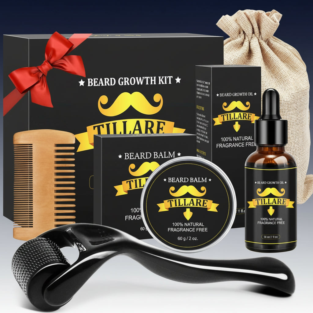 Beard Growth Kit - TILLARE Beard Grooming Kit with Beard Growth Oil, Balm, Comb, Massager, Christmas & Birthday Gifts for Men Husband Dad Boyfriend
