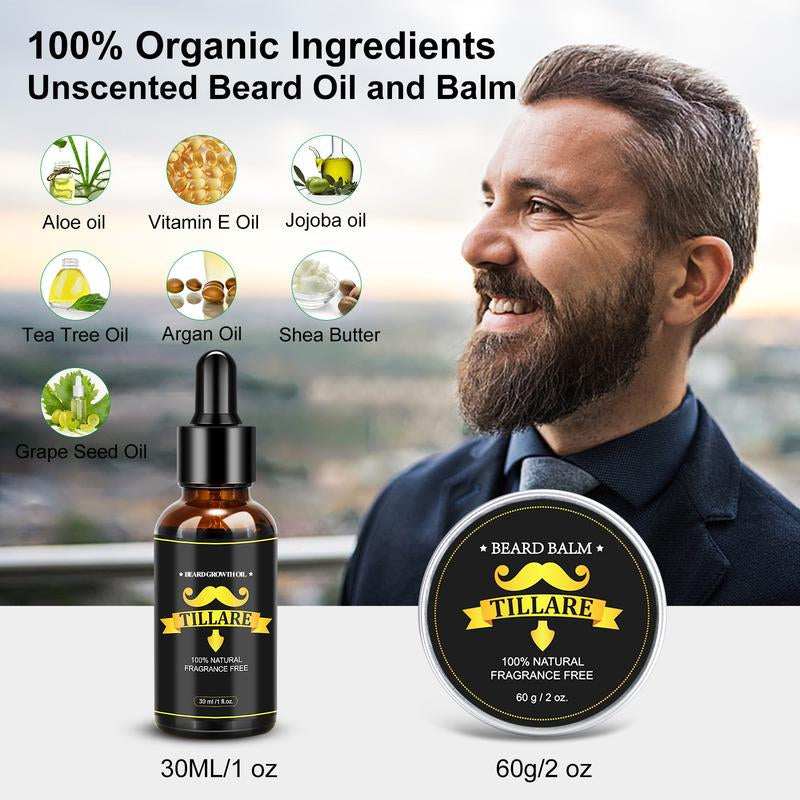 Beard Growth Kit - TILLARE Beard Grooming Kit with Beard Growth Oil, Balm, Comb, Massager, Christmas & Birthday Gifts for Men Husband Dad Boyfriend